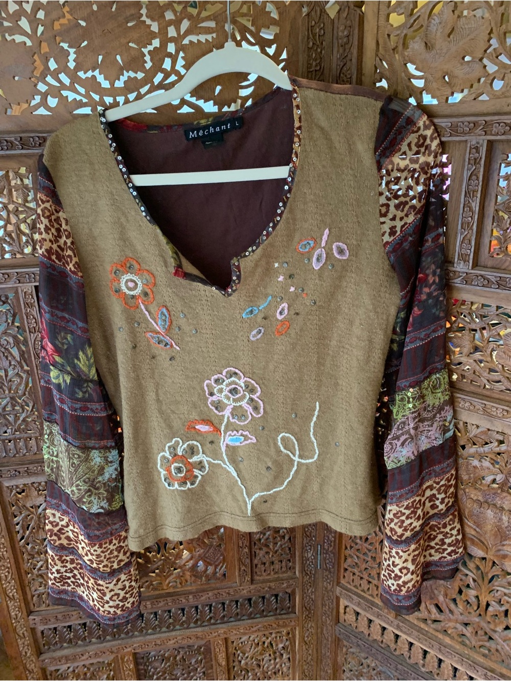 Mechant Brown Embroidered Boho Sweater with Multicolor Sleeves